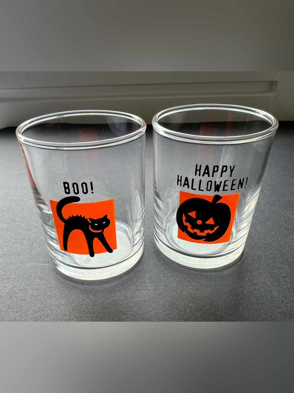 Set of 2 Libbey Halloween Votive Candle Holders BOO Black Cat Jack O’Lantern USA